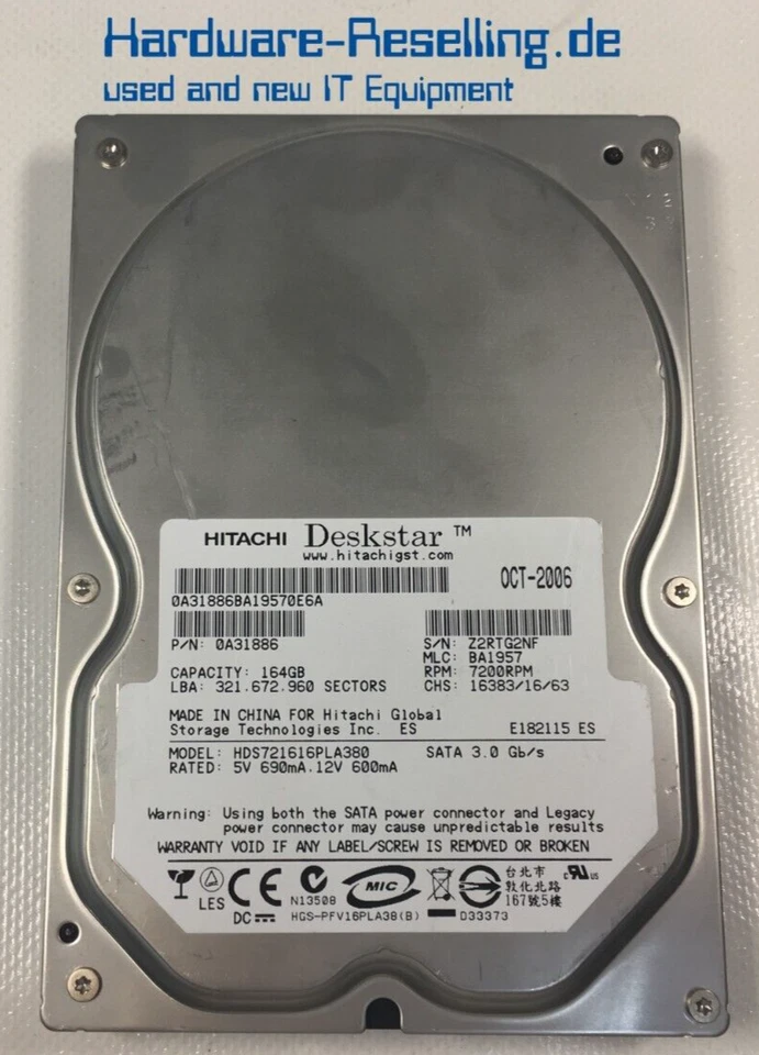 Hitachi Deskstar 164GB 3,5 " SATA II 3G 7,2K HDS721616PLA380 0A31886 - Immagine 1 di 1