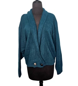Vintage EXPRESS Angora Blend Cardigan Sweater Large Teal Green Preppy Academia - Picture 1 of 7
