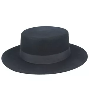 Handmade Black Wool Felt Pork Pie Hat Medium: 57cm (7 1/4) Wide Brim, Flat Crown - Picture 1 of 5