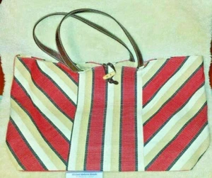 Lancome Striped Tote Beach Bag Carry Bag - Large - Wood Clasp Closed - Picture 1 of 8