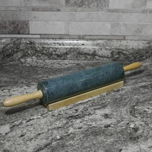 Vintage World Market Green Marble Rolling Pin w/ Wooden Holder 18" - Picture 1 of 5