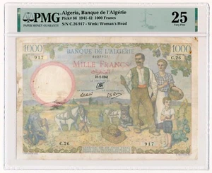 ALGERIA banknote 1000 Francs 1941 PMG VF 25 Very Fine - Picture 1 of 7