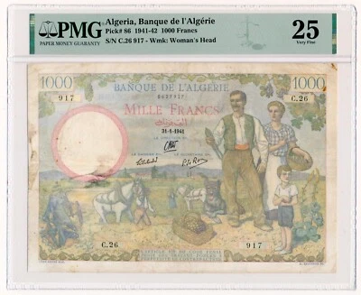 ALGERIA banknote 1000 Francs 1941 PMG VF 25 Very Fine - Image 1 of 4