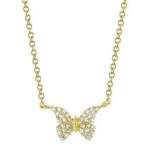 14K Yellow Gold Diamond Butterfly Pendant Necklace Natural 0.08 CT Round Cut - Picture 1 of 3