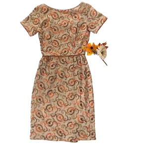 Vtg 60s Handmade Sheath Dress Medium Embroidered Beige Multicolor Mad Men Fall - Picture 1 of 11
