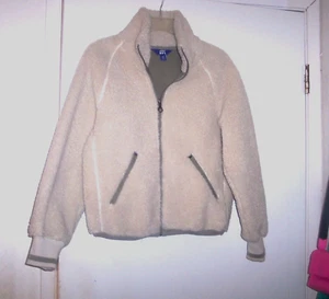 JOY LAB Cream/Beige Faux Sherpa Style Olive green Trim Warm Jacket Womens Sz XS - Picture 1 of 9
