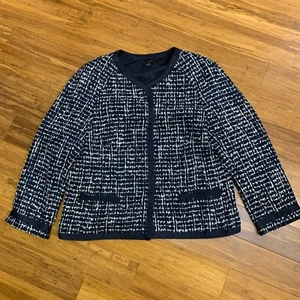 Ann Taylor Tweed Blazer Jacket Womens Large Career Office Open Front Blue White - Picture 1 of 8