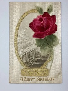Postcard Birthday Greetings Rose Stairs Art Silk Embossed H80 - Picture 1 of 2