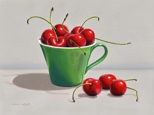 DANFORTH Ciliegie in Coppa Verde, 12x16 tela natura morta originale dipinto ad olio - Foto 1 di 4
