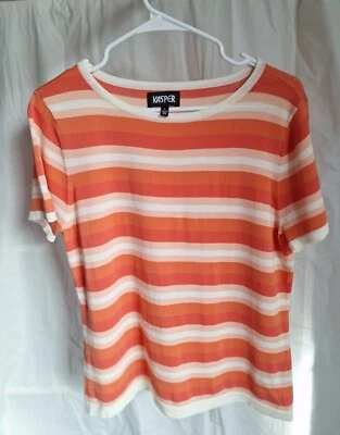 Kasper T-Shirt Women L Large Orange Striped Crew Neck Short Sleeve Rayon Knit - Imagem 1 de 4