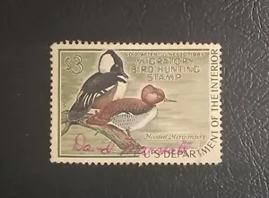 US Federal 1968 Duck Hunting $3 Stamp Hooded Mergansers Scott #RW35 Used/signed - Picture 1 of 2
