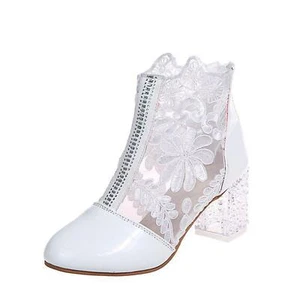 Damen Dick Absatz Mesh Stiefel High Heels Spitz Stickerei Römer Schuhe Mode - Bild 1 von 7