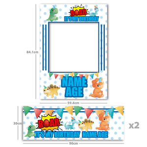 Happy Birthday Personalised Dino Selfie Frame + 2 Banners Combo Kids Party Deco 