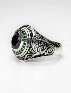 Black Onyx With Green Emeralds Classic Filigree Design 935 Argentium Silver Ring - Picture 1 of 6