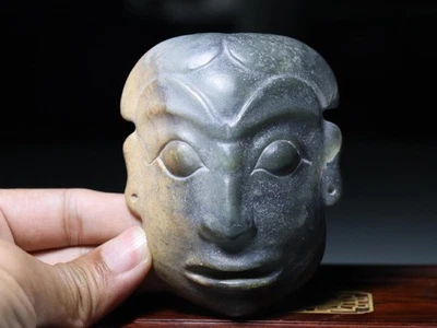 Antigua figura de jade HeTian de la cultura Hongshan cabeza cara máscara de jade amuleto colgante JW003 Foto 1 de 4