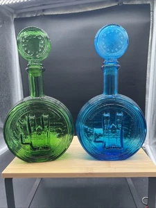 Vintage Made In Italy Blau & Grün Glas London's Westminster Abbey Flaschen mit Stopfen - Bild 1 von 20