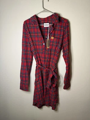 Vestido manga larga simple sureño rojo a cuadros 100% algodón con bolsillos y cinturón de corbata  Foto 1 de 4