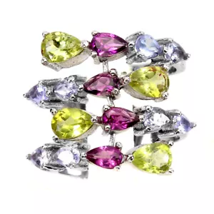 Summer 925 Silver Ring Pear Peridot Rhodolite Tanzanite Gemstone jewelry Size - Picture 1 of 14