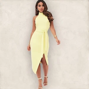 Lavish Alice Womens Yellow Halter Asymmetric Hem Midi Dress UK 14 NWT RRP £108 - Picture 1 of 3