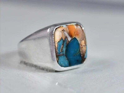 Solid 925 Sterling Silver Natural Oyster Copper Turquoise Gemstone Mens Ring - Image 1 of 4