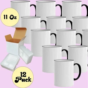 12 Pack 11oz BLACK Rim Handle Blank Sublimation Coffee Mugs + Foam Support Box - Picture 1 of 4