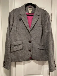 L.L. Bean Size 20 Gray Wool Herringbone Blazer Brown Leather Buttons Pink Lining - Picture 1 of 14
