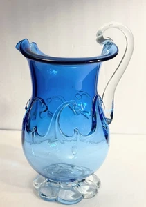 Hand Blown Art Glass Ombré Blue w Intricate Relief Waves Pitcher/Ewer - Picture 1 of 8