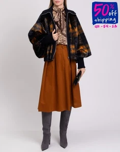 RRP€1120 ZUCCA Faux Fur Short Coat Size M Blue Tartan Wool Blend Knitted Inserts - Picture 1 of 11