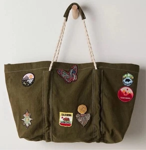New! Free People Been There Badge Tote Bag Olive Green Vintage Boho Retro - Picture 1 of 14