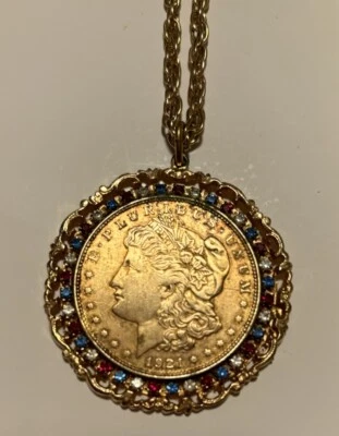 VTG US Gold Plated Coin Bezel Pendant 1921 Morgan $1 Silver Coin Red White Blue - Image 1 of 4