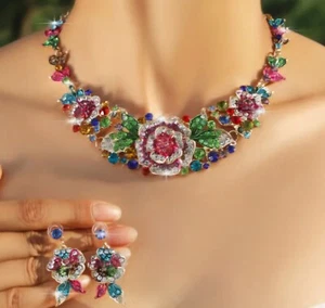 Pretty Multicolor Rhinestone Floral Collar Necklace & Earring Set Betsey Style.. - Picture 1 of 7