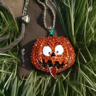 Eclectic Whimsical ORANGE HALLOWEEN FALL PUMPKIN Rhinestone Pendant Necklace - Изображение 1 из 4