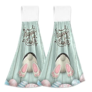 Happy Easter Eggs Hanging Towels Rabbit Tie Kitchen Towels 2PCS - Picture 1 of 7