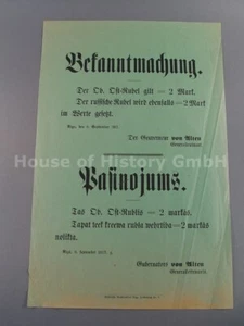 144545: Flugblatt BEKANNTMACHUNG / POZINOJUMS, Ost-Rubel = 2 Mark, Riga 1917 - Bild 1 von 4