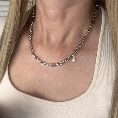 Collar hecho a mano enchapado en plata herradura cadena de eslabones en U perlas reales Foto 1 de 4