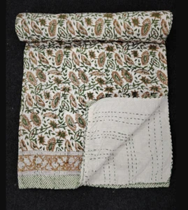 Indian Handmade Cotton Kantha Quilt Hand Block Print King Size Bedspread Blanket - Picture 1 of 2