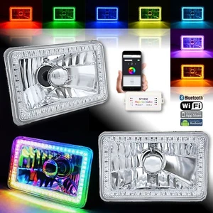 4x6" Bluetooth RGB SMD LED Color Chasing Halo Shift Angel H4 Bulb Headlight Pair - Picture 1 of 12