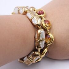 2 Strands Cultured Freshwater Biwa Pearl Murano Glass Bracelet Gold Plated CZ