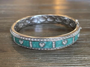 Lauren G Adams Heart Turquoise Enamel Crystal Pave Rhodium Bangle Bracelet - Picture 1 of 7