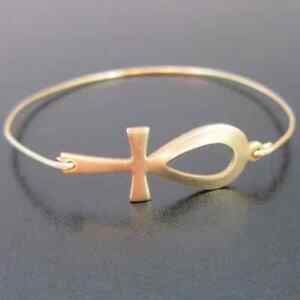 14K White Gold Over Egyptian Ankh Key of Life Bangle Bracelet For Women- 7.5"