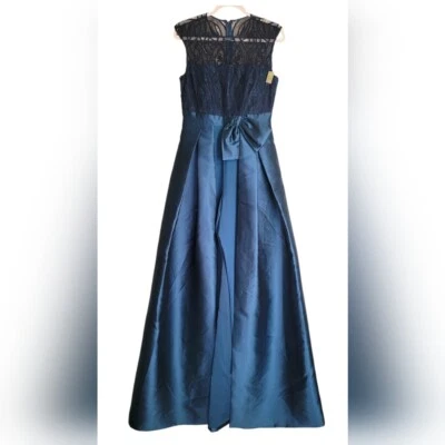 Kay Unger 蓝色蕾丝提花裙覆盖步行穿连身裤正式礼服 6 码 — 第 1/4 张图片