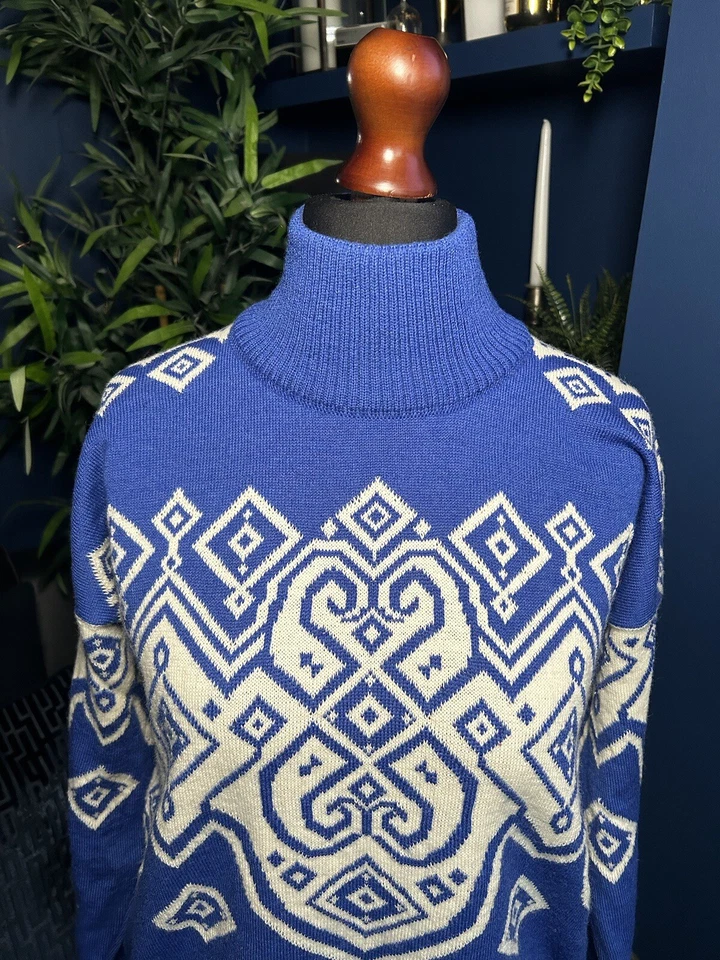 Dale Of Norway Falun Heron Jumper Ski Sweater High Neck Blue Womens Small Wool - Image 1 of 4