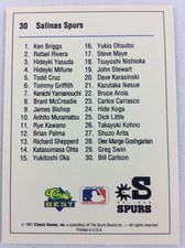 1991 Salinas Spurs-Classic BEST Minor Lg Baseball Card-Checklist & Bill Carlson