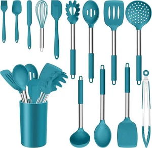 14-Piece Silicone Kitchen Utensil Set with Holder, Heat Resistant to 446°F, Blue - Picture 1 of 7