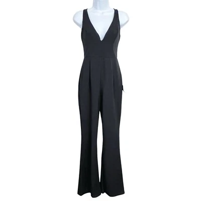 Mono sin mangas Lulus Instant Icon cuello en V para mujer S nuevo negro crepé pierna acampanada Foto 1 de 4