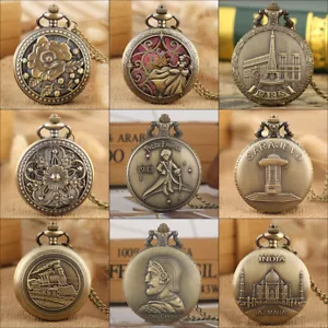 Bronze Analog Quartz Pocket Watches with Necklace Chain Christmas Gifts Unisex - Picture 1 of 37