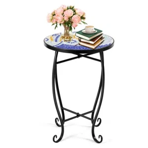 14" Mosaic Round Sofa Side End Coffee Table Nightstand Patio Garden Plant Stand - Picture 1 of 16