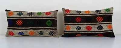 Striped Tribal Wool Handmade Lumbar Pillow Covers, Set of Two Kilim Cushion - Image 1 of 4