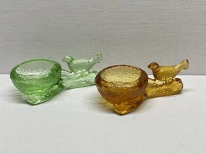 PAIR Vintage Mosser Green Amber Glass Bird Nest On Branch Open Salt Dip Dish - Picture 1 of 8