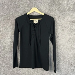 Chaser Shirt Womens Small Black Long Sleeve Lace Up Front V-Neck Ribbed Top - Picture 1 of 9